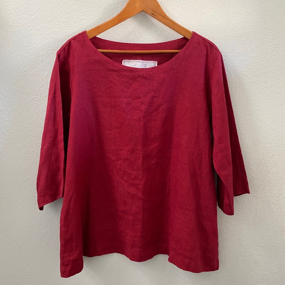 Not Perfect Linen Womens Large Red 100% Linen Boat Neck 3/4 Sleeve Top Lithuania